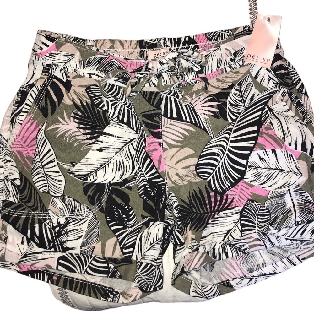 New Floral Hawaiian  Botanical Pull On Elastic Draw String Shorts 55% Linen S